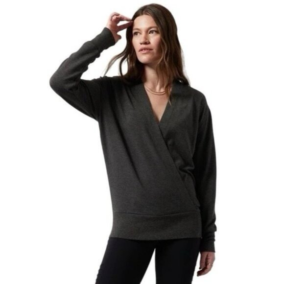 Athleta Women's Purana V-Neck Wrap Sweatshirt Size Large Color Black Heather - Picture 1 of 9